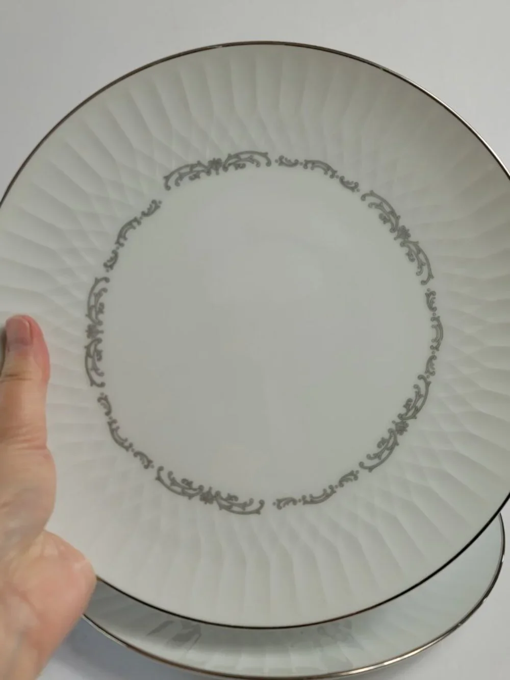 TWO Noritake 6350 Camden Dinner Plates White with Gray Scrolls 10 5/8 Inch Plate